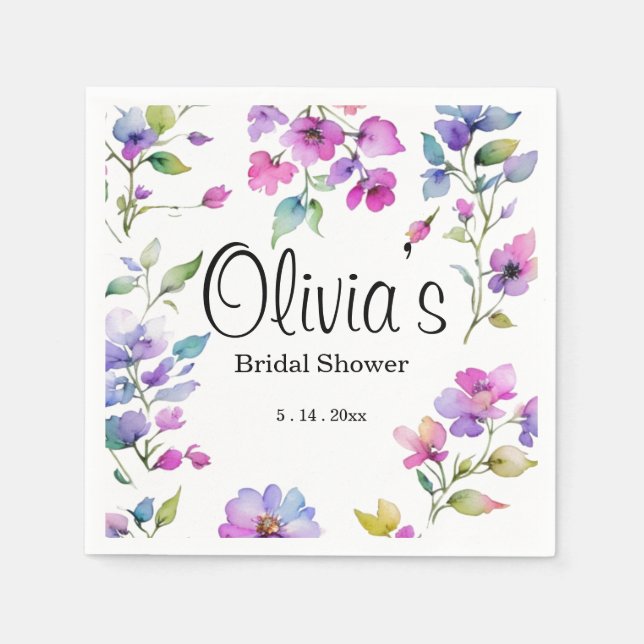 Elegant rosa lila vattenfärgsblommor pappersservett (Framsidan)