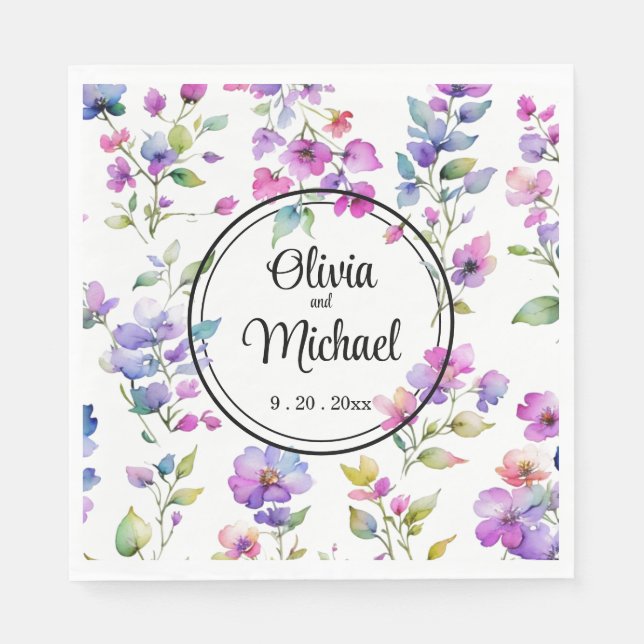 Elegant rosa lila vattenfärgsblommor pappersservett (Framsidan)