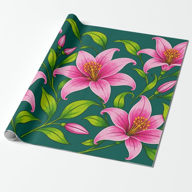 Elegant rosa lilja blomster med grön lövverk presentpapper (Utrullad)
