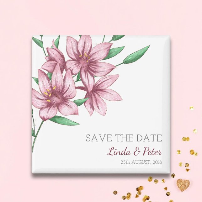 Elegant Rosa Lilja Bröllop Spara Datum Magnet (Skapare uppladdad)