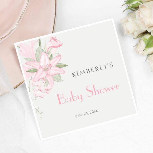 Elegant Rosa Lily Grönt Löv Baby Shower Pappersservett (Skapare uppladdad)