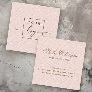 Elegant  rosa linen look anpassningsbar logotyp fyrkantigt visitkort