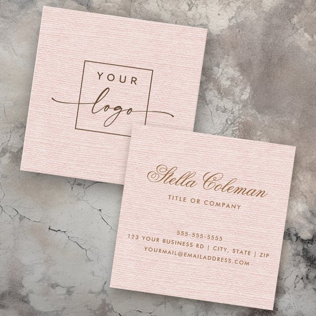 Elegant  rosa linen look anpassningsbar logotyp fyrkantigt visitkort (Elegant blush pink linen look custom logo square business card)