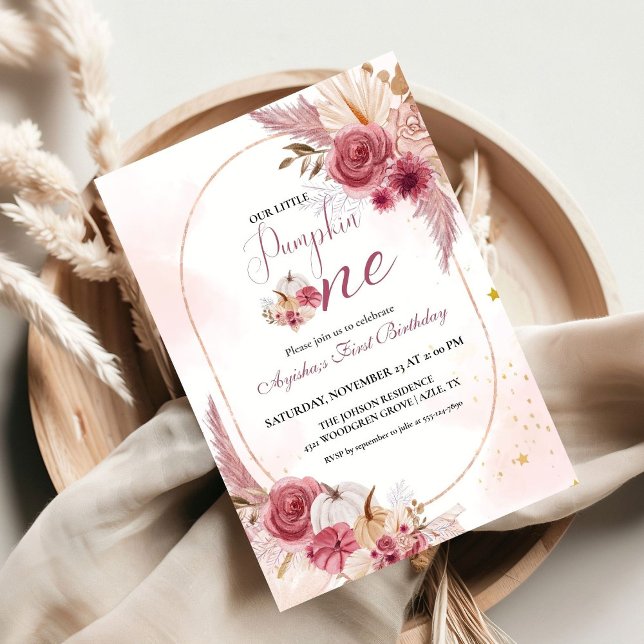 Elegant Rosa Little Pumpkin Girl 1st Birthday Inbjudningar (Skapare uppladdad)