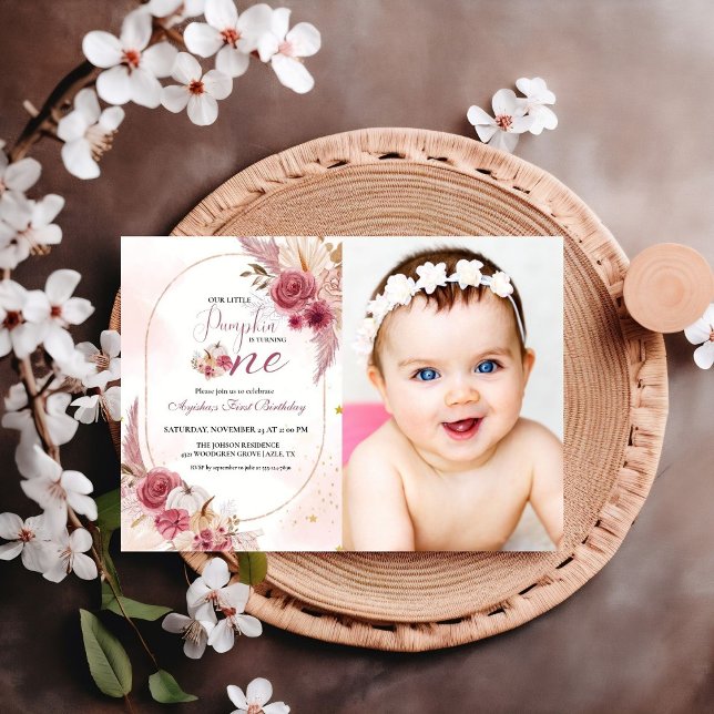 Elegant Rosa Little Pumpkin Girl 1st Birthday Invi Inbjudningar (Skapare uppladdad)
