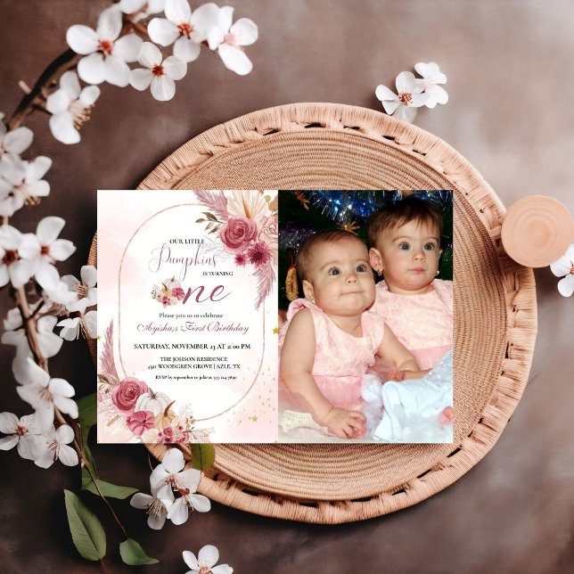 Elegant Rosa Little Pumpkin Twin Girl 1st Birthday Inbjudningar (Skapare uppladdad)