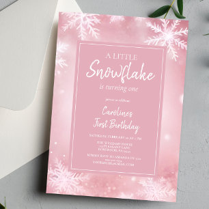 Elegant Rosa Little Snowflake Girl First Birthday Inbjudningar