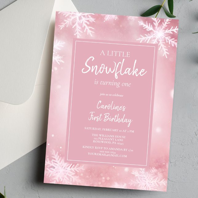 Elegant Rosa Little Snowflake Girl First Birthday Inbjudningar (Skapare uppladdad)