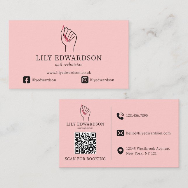 Elegant Rosa Logotyp för Nageltekniker Artist QR-k Visitkort (Fram/baksida)