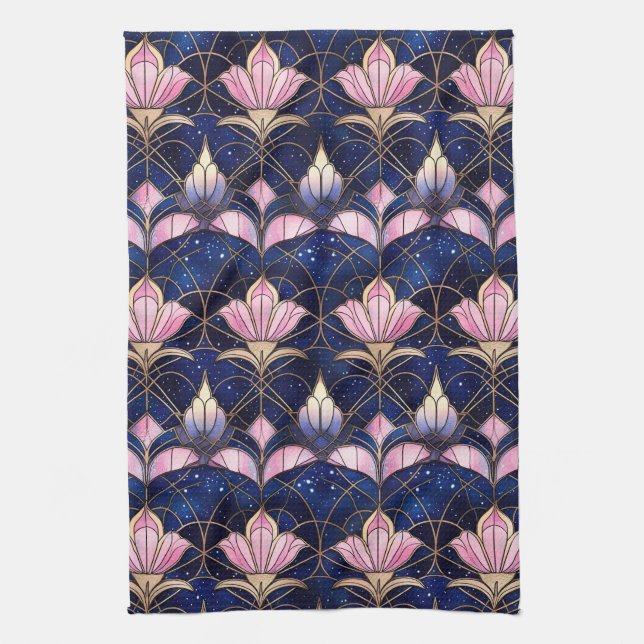 Elegant Rosa Lotus Faux stank Glass Mönster Kökshandduk (Vertikal)