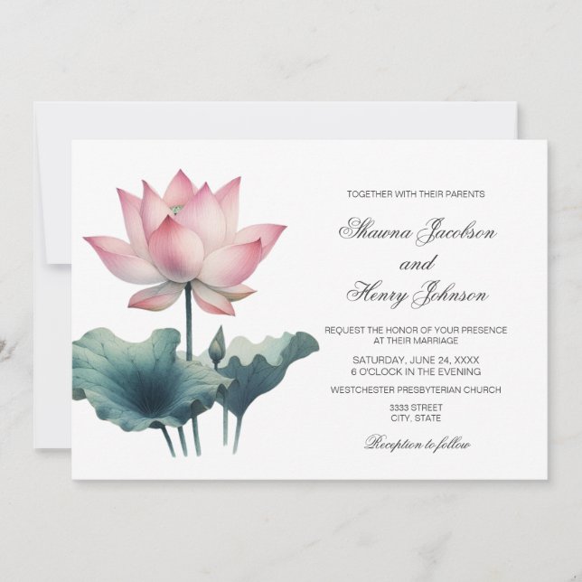 Elegant Rosa Lotus Flower Wedding bjudande Inbjudningar (Framsida)