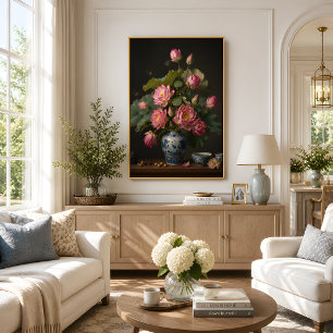 Elegant rosa lotus oljemålning i en blå vas poster