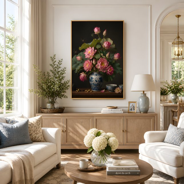 Elegant rosa lotusoljefärg-målning i en blå vas poster (Skapare uppladdad)