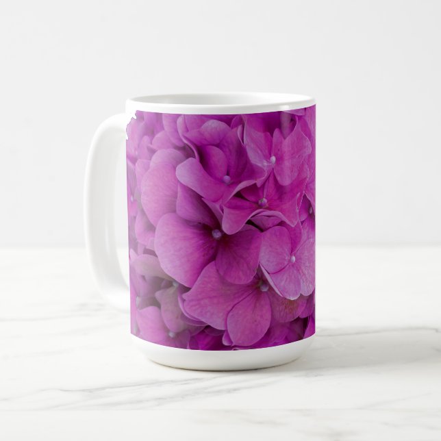 Elegant rosa magenta blommigt hydrangeas ro kaffemugg (Framsida vänster)