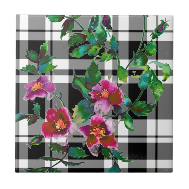 Elegant rosa magenta vattenfärg Ro plaid Kakelplatta (Framsidan)