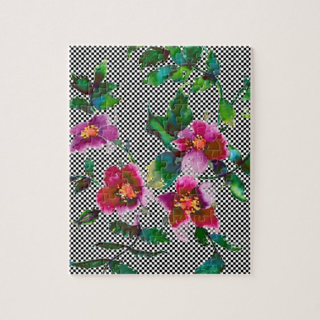 Elegant rosa magenta vattenfärgsfärgen blommigt ro pussel (Vertikal)