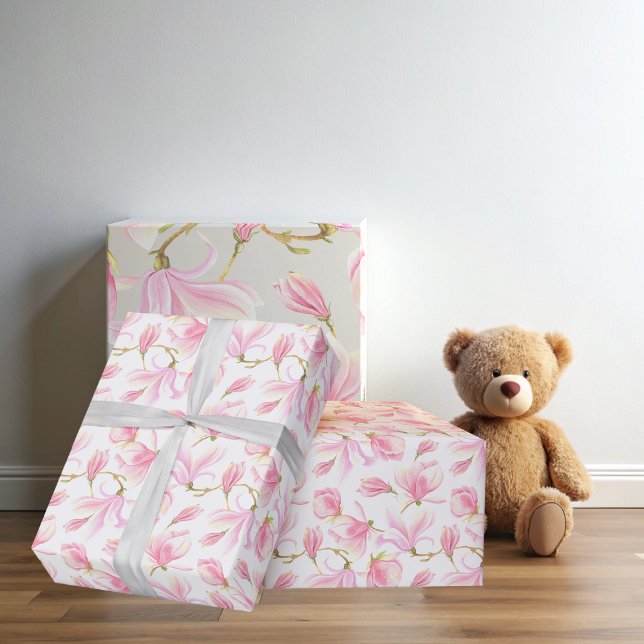 Elegant Rosa Magnolia Blommönster Akvarell Presentpapper (Elegant Pink Magnolia Flower Pattern Watercolor Wrapping Paper)