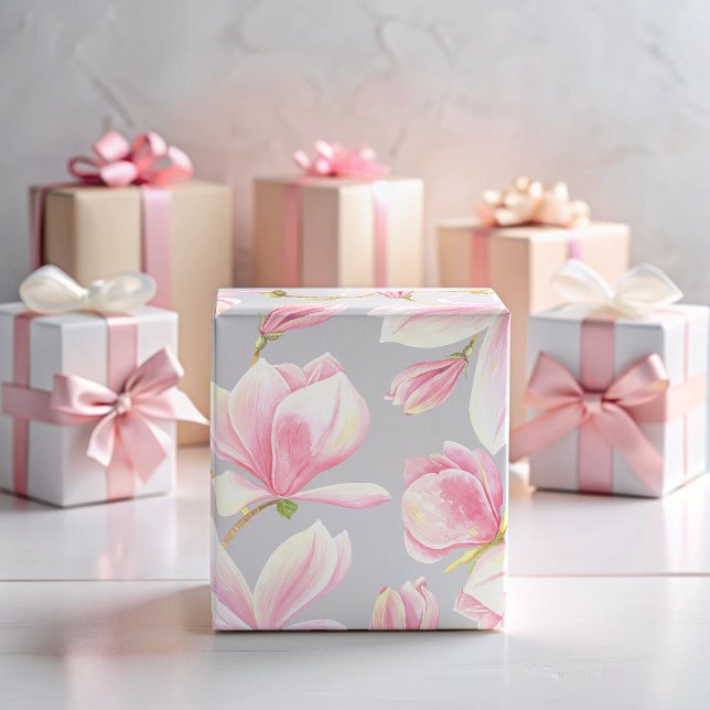 Elegant Rosa Magnolia Blommönster Akvarell Presentpapper (Elegant Pink Magnolia Flower Pattern Watercolor Wrapping Paper)