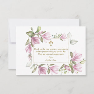 Elegant Rosa Magnolia Flowers Utandning Guld Bapti Tack Kort