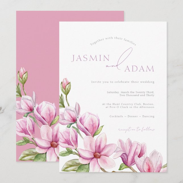 Elegant Rosa Magnolia Monogram Bröllop Inbjudningar (Fram/baksida)