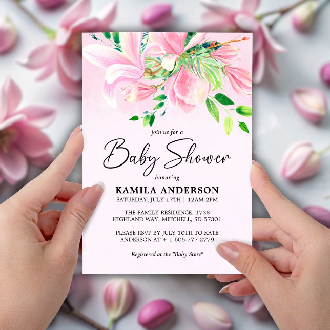 Elegant Rosa Magnolia Watercolor Baby Shower Inbjudningar (Elegant Pink Magnolia Watercolor Baby Shower Invitation)