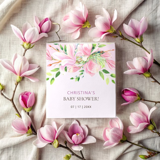 Elegant Rosa Magnolia Watercolor Baby Shower Pappersservett (Elegant Pink Magnolia Watercolor Baby Shower Napkins)