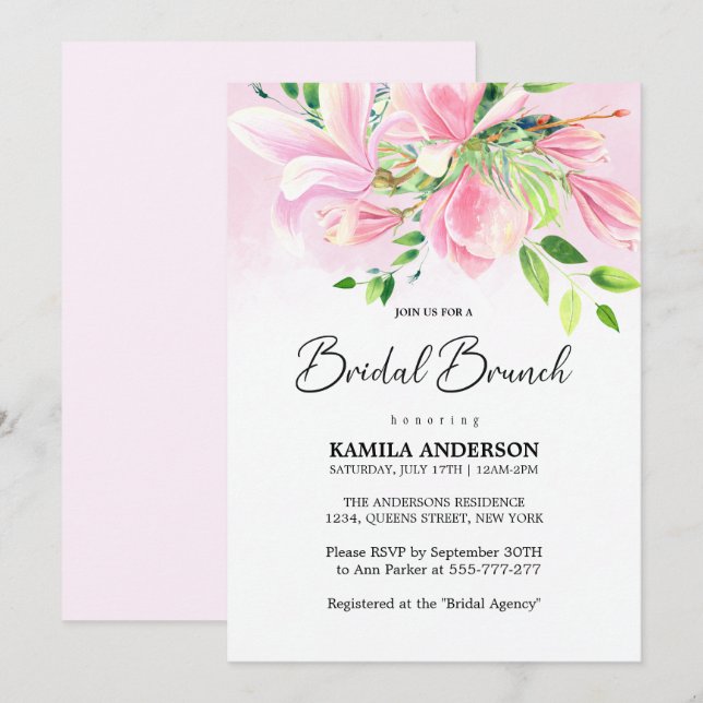 Elegant Rosa Magnolia Watercolor Möhippa Brunch Inbjudningar (Fram/baksida)