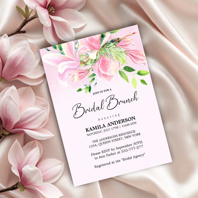 Elegant Rosa Magnolia Watercolor Möhippa Brunch Inbjudningar (Elegant Pink Magnolia Watercolor Bridal Brunch Invitation)