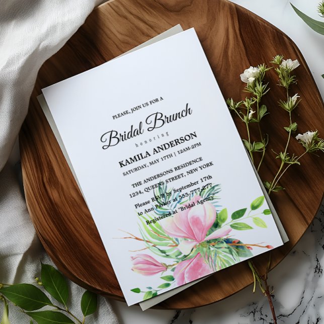 Elegant Rosa Magnolia Watercolor Möhippa Inbjudningar (Elegant Pink Magnolia Watercolor Bridal Shower Invitation)