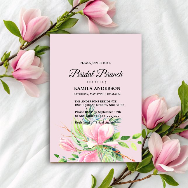 Elegant Rosa Magnolia Watercolor Möhippa Inbjudningar (Elegant Pink Magnolia Watercolor Bridal Shower Invitation)