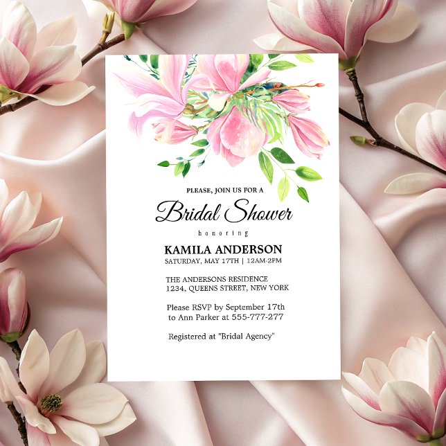 Elegant Rosa Magnolia Watercolor Möhippa Inbjudningar (Elegant Pink Magnolia Watercolor Bridal Shower Invitation)