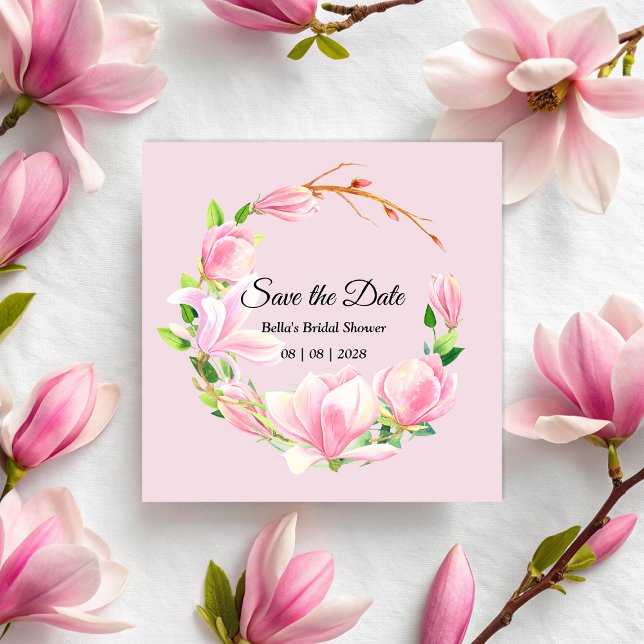 Elegant Rosa Magnolia Watercolor Möhippa Spara Datumet (Elegant Pink Magnolia Watercolor Bridal Shower Save The Date)