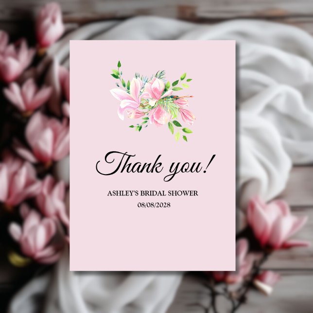 Elegant Rosa Magnolia Watercolor Möhippa Tack Kort (Elegant Pink Magnolia Watercolor Bridal Shower Thank You Card)