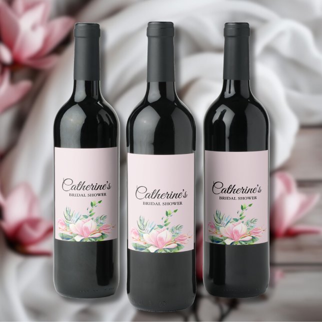 Elegant Rosa Magnolia Watercolor Möhippa Vinflaska Etikett (Elegant Pink Magnolia Watercolor Bridal Shower Wine Label)