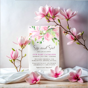 Elegant Rosa Magnolia Watercolor Sippa och Se Inbjudningar