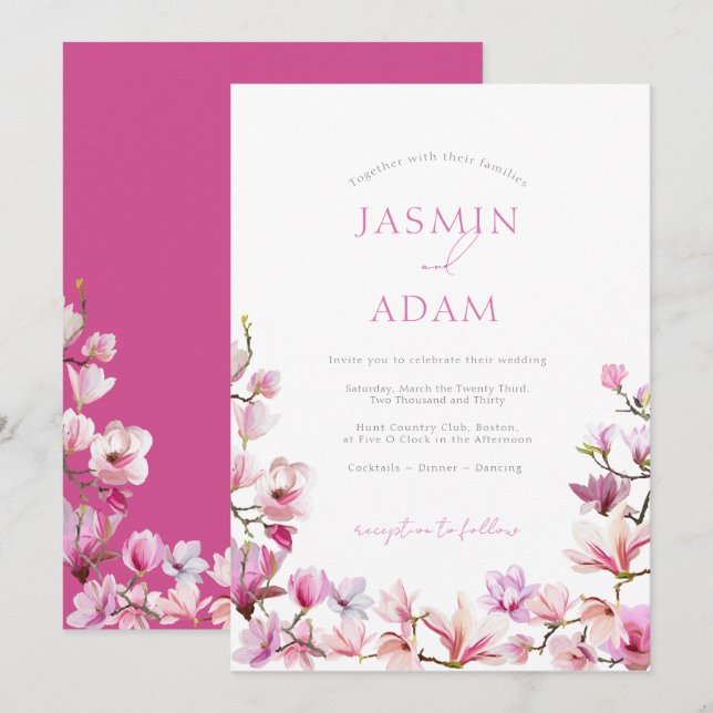 Elegant Rosa Magnoliablom Wedding Inbjudningar (Fram/baksida)