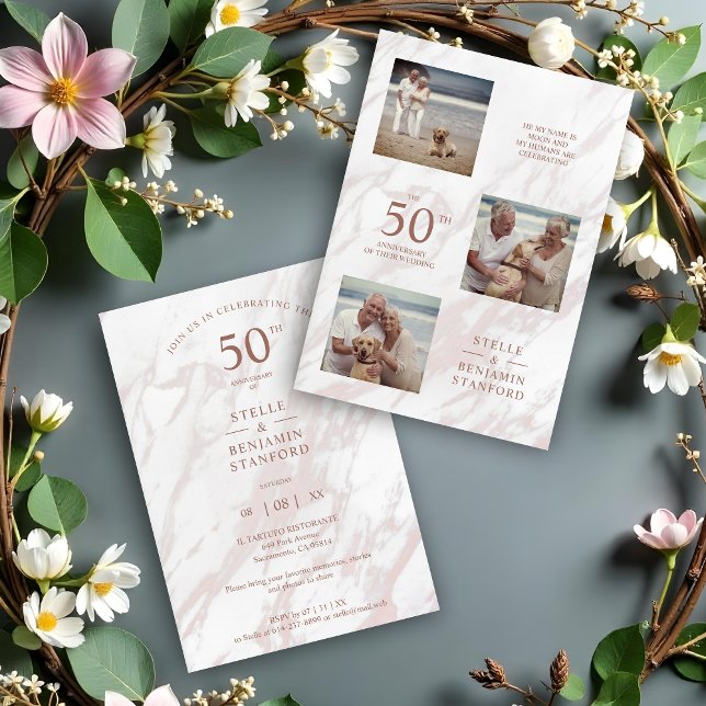 Elegant Rosa Marble Effect Three Photos Collage (Pink Marble Three Photos All Wedding Anniversary Announcement.)