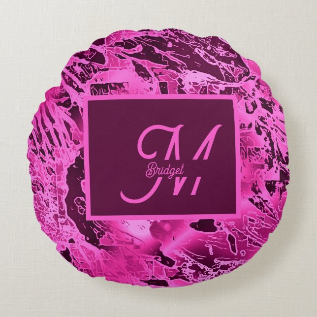 Elegant Rosa Marble fold Monogram Typography Rund Kudde (Framsidan)