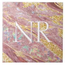 Elegant  Rosa Marble & Glitter Cute Monogram Kakelplatta
