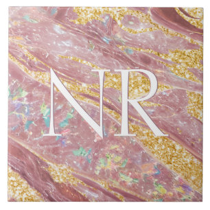 Elegant Rosa Marble & Glitter Cute Monogram Kakelplatta