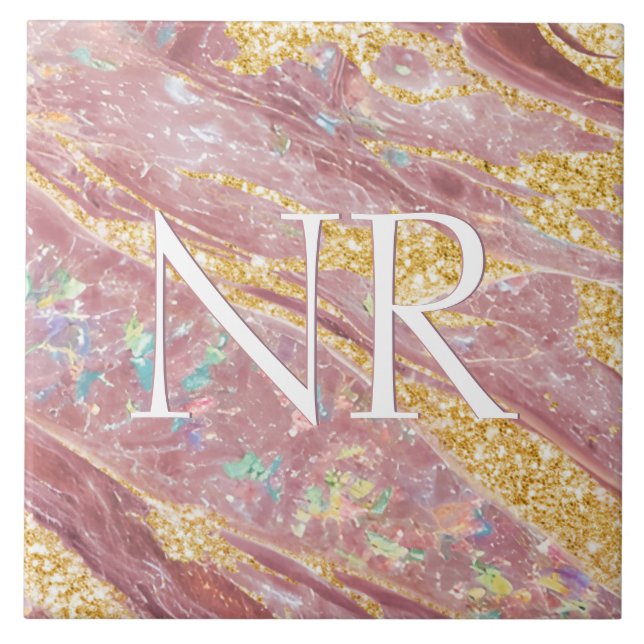 Elegant  Rosa Marble & Glitter Cute Monogram Kakelplatta (Framsidan)