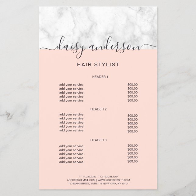 Elegant  rosa marble hair stilist pris list flygblad (Framsidan)