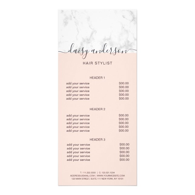 Elegant  rosa marble hair stilist pris list reklamkort (Framsidan)