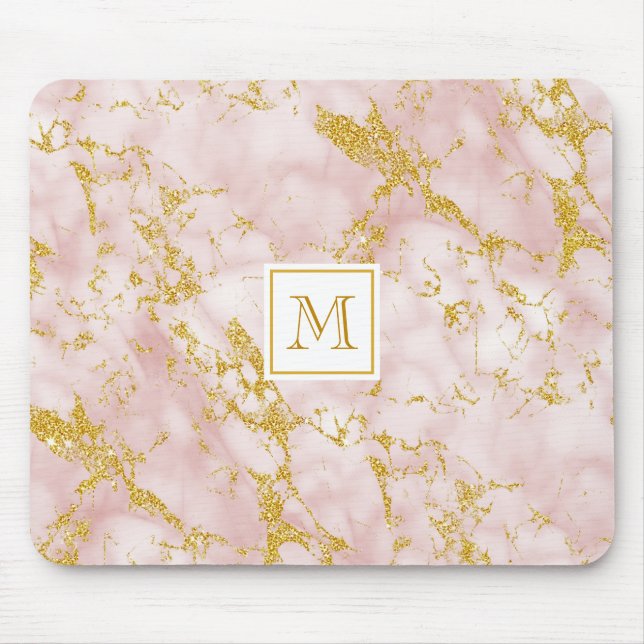 Elegant Rosa Marble Monogram Faux Guld Glitter Musmatta (Framsidan)