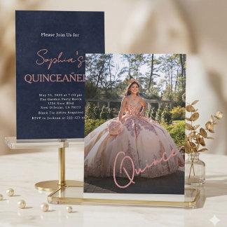 Elegant rosa & marinblå Quinceañera fotoinbjudan Inbjudningar
