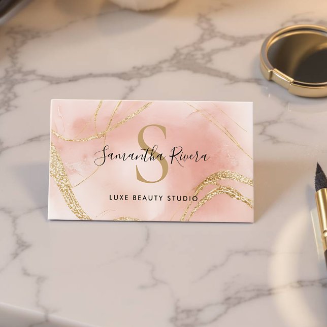 Elegant Rosa Marmor Monogram Mall Visitkort (Pink Marble Business Card - Front)
