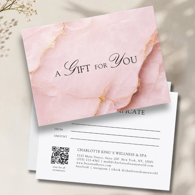 Elegant Rosa Marmorerad QR-kod Presentkort (A Gift for You! Blush Pink Gold Marble QR Code Gift Certificate)