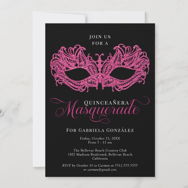 Elegant Rosa Masqueradamask Quinceanera Inbjudningar (Framsida)