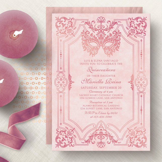 Elegant Rosa Masqueramask Quinceanera Inbjudningar (Skapare uppladdad)
