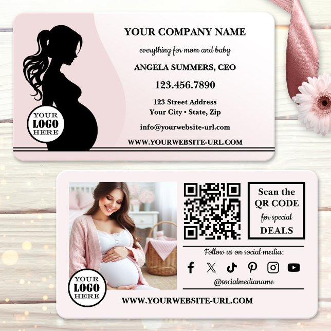 Elegant Rosa Maternity Mor och Bebis Butik Visitkort (Elegant pink business card showing a silhouette of a pregnant woman - maternity or baby care retail)